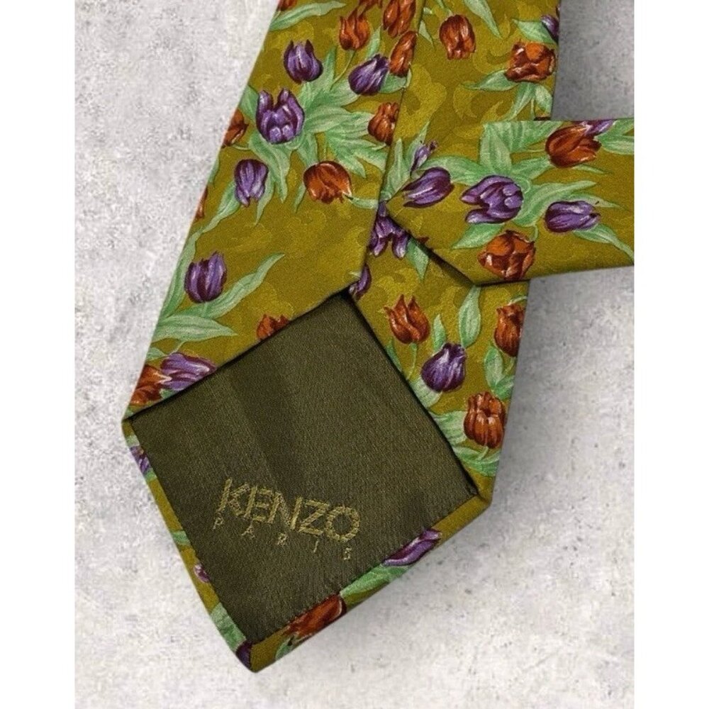 KENZO Silk Tie ITALY Green Purple Floral Leaf W:3.6" EUC - Picture 4 of 5